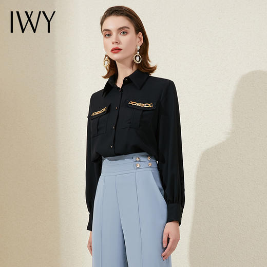 IWY/设计感衬衫小众套装女修身ol个性蓝色高腰阔腿裤显瘦套裤213179B1+P6 商品图1