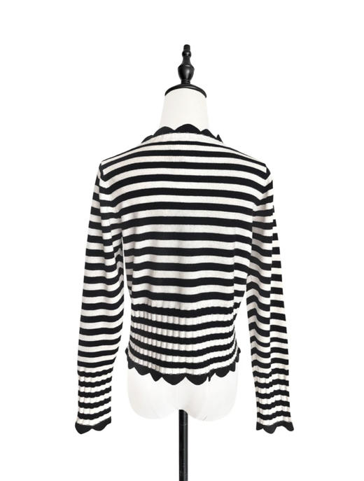 TYNVIE 波浪纹饰边羊绒混纺开衫-黑白条纹 商品图2
