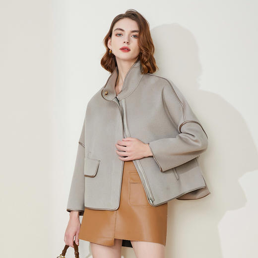 LH9B2斯尔丽瑟俪2021新款立领宽松通勤拉链短款外套小个子双面呢大衣女 商品图0
