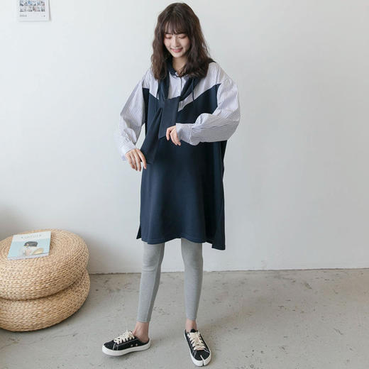 【时尚辣妈穿搭】初秋新款孕妇装时尚休闲拼接孕妇连帽衬衫T恤裙宽松大码孕妇裙潮 商品图2