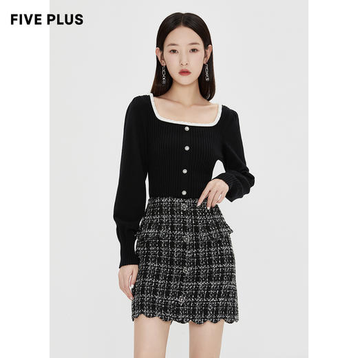 FIVE PLU 女冬装法式方领针织衫女复古修身打底套头衫潮2NN4030010 商品图2