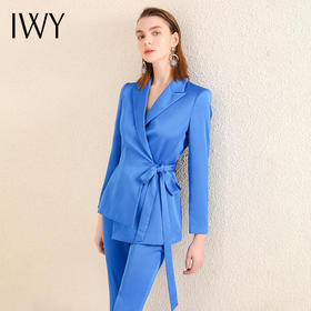 IWY/蓝色绑带不规则西装套装女高级女神范职业装套装总裁范ol西服213169C1+P3