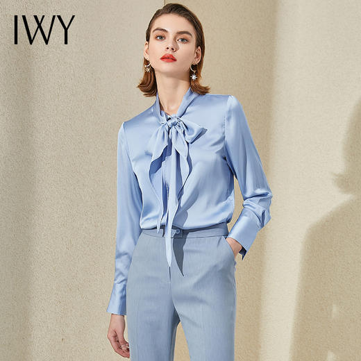 IWY/蓝色高端职业装衬衣女气质绑带衬衫时尚通勤办公室工作服套装203181B1 商品图1