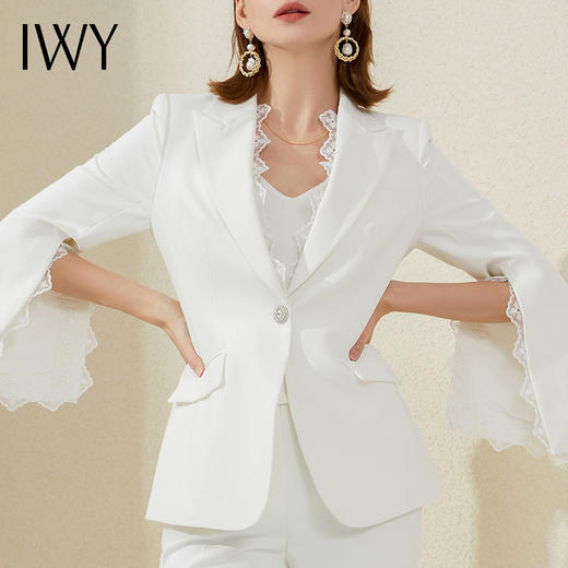 IWY/白色蕾丝边高端西装套装女气质名媛正装修身显瘦总裁阔腿裤职业装213186C1+P3 商品图4