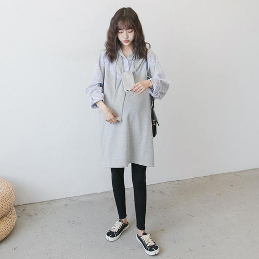 【时尚辣妈穿搭】初秋新款孕妇装时尚休闲拼接孕妇连帽衬衫T恤裙宽松大码孕妇裙潮 商品图1