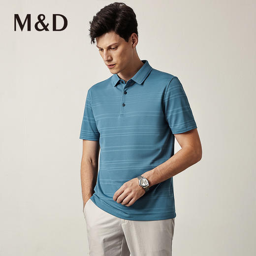 M＆D/名盾POLO衫男秋季新款条纹提花桑蚕丝真丝男装翻领T恤 商品图0