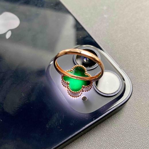 高冰种厚庄墨翠四叶草戒指18k玫瑰金镶嵌 商品图8