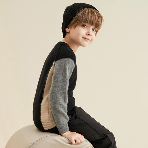【童装拼接撞色羊绒衫】羊绒世家童装男宝100%山羊绒内搭加厚保暖毛衣 商品图3