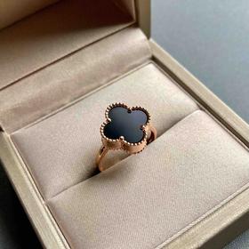 高冰种厚庄墨翠四叶草戒指18k玫瑰金镶嵌