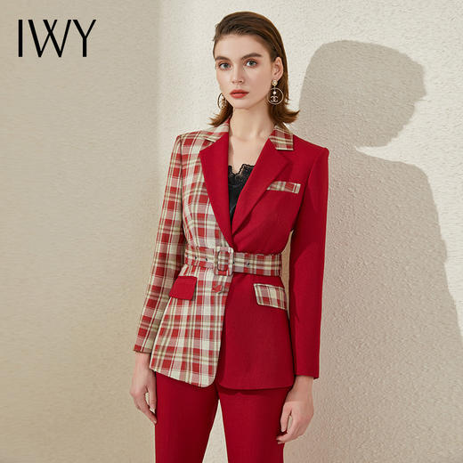 IWY/高端红色格纹阔腿裤职业装秋季长袖新款宴会主持上镜总裁西装套装	213184C1+P3 商品图1