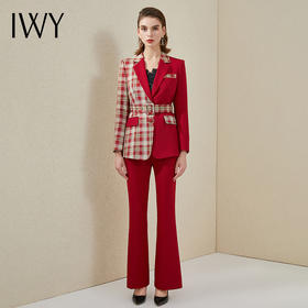 IWY/高端红色格纹阔腿裤职业装秋季长袖新款宴会主持上镜总裁西装套装	213184C1+P3