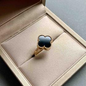 高冰种厚庄墨翠四叶草戒指18k黄金镶嵌