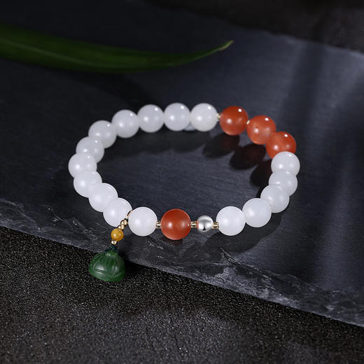和田玉白玉手串手链搭天然碧玉莲蓬925银国风汉服礼物醍醐原创设计 商品图3