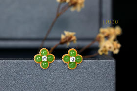 18K玫瑰金和田玉（碧玉）镶钻耳钉--四叶草 /半珠4mm/苹果绿