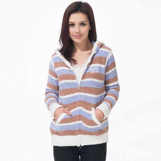 爱帝女士棉絮绒间条拉链衫 商品图0