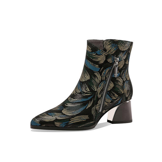 2021秋冬新款靴子女尖头压花羊皮花朵短靴细高跟女靴侧拉链踝靴 OLD-W161ddd 商品图4