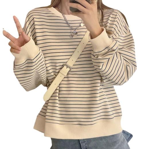 【卫衣女】秋冬季新款炸街卫衣女士条纹无帽薄款小个子奶系圆领潮 商品图4