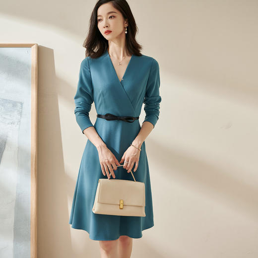 剩S/M/L/XL 米思阳2025春季新款轻熟连衣裙春装纯色简约长袖v领通勤气质a字裙1746 商品图1