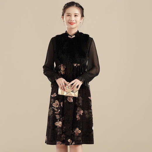 上海旗袍厂AYK-QF-210909拼毛丝绒印花宽松连衣裙无袖复古a字裙2021秋冬国风时尚精品女装 商品图0