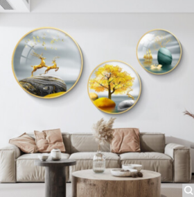 好久不见 现代简约北欧风格客厅装饰画餐厅墙面装饰画创意圆框三联组合画(建议1.5-2.5米墙面) 福禄生辉