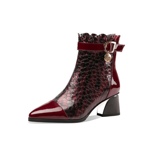 【预售5天】漆皮短靴尖头粗跟皮靴女中跟踝靴女黑色大码女靴 FLS-W163 商品图4