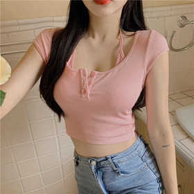 假两件挂脖吊带T恤女夏季设计感小众纯欲风短款紧身粉色短袖上衣