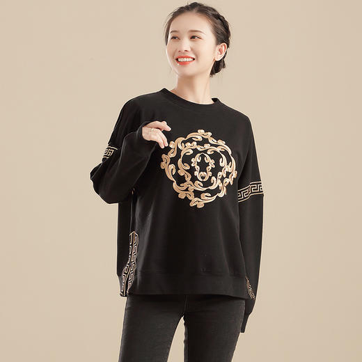 上海旗袍厂AYK-QF-210908复古绣花卫衣女圆领棉宽松时尚国潮秋冬T恤女2021精品休闲上衣女 商品图0