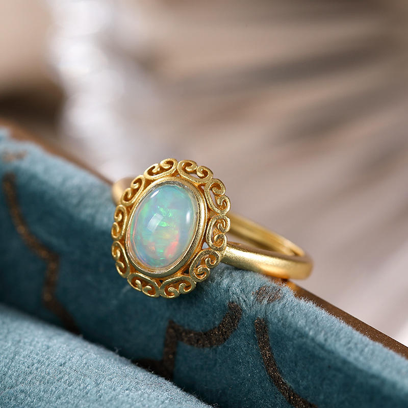 个性花纹椭圆气质女士欧泊石戒指