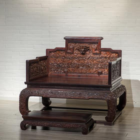 紫檀彭牙鼓腿带托泥满雕云龙纹三屏风大宝座（附脚踏）