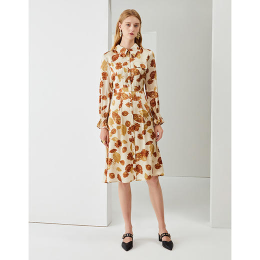 EITIE爱特爱秋季新款时尚洋气枫叶印花收腰显瘦立领连衣裙女6707416 商品图1