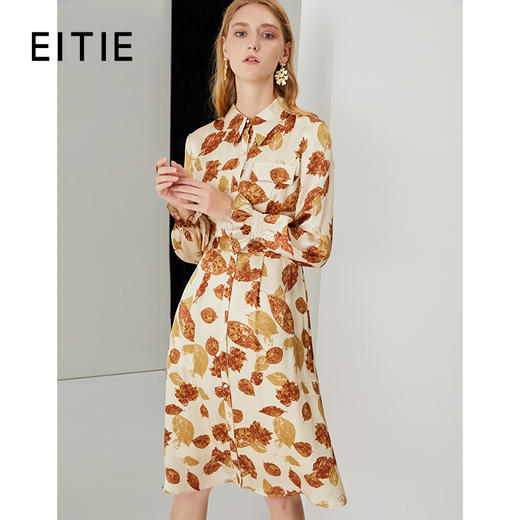 EITIE爱特爱秋季新款时尚洋气枫叶印花收腰显瘦立领连衣裙女6707416 商品图0