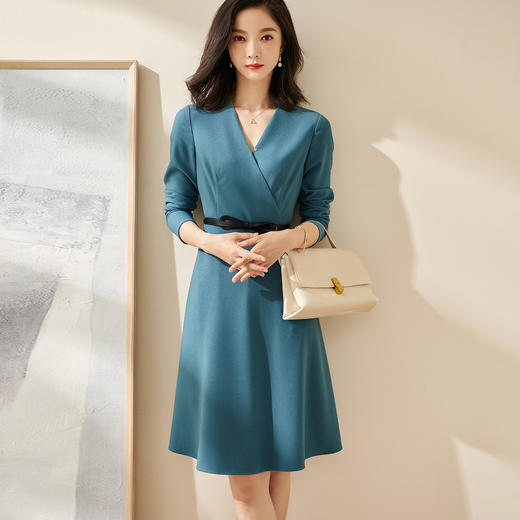 剩S/M/L/XL 米思阳2025春季新款轻熟连衣裙春装纯色简约长袖v领通勤气质a字裙1746 商品图2