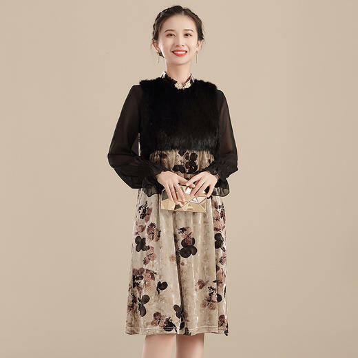 上海旗袍厂AYK-QF-210909拼毛丝绒印花宽松连衣裙无袖复古a字裙2021秋冬国风时尚精品女装 商品图3