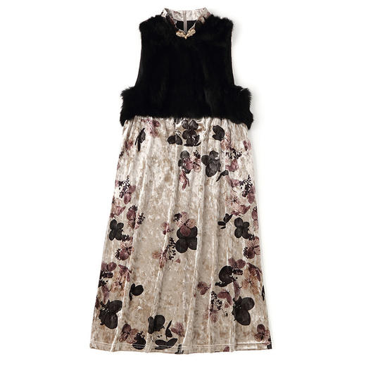 上海旗袍厂AYK-QF-210909拼毛丝绒印花宽松连衣裙无袖复古a字裙2021秋冬国风时尚精品女装 商品图5