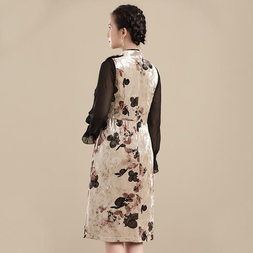 上海旗袍厂AYK-QF-210909拼毛丝绒印花宽松连衣裙无袖复古a字裙2021秋冬国风时尚精品女装 商品图4