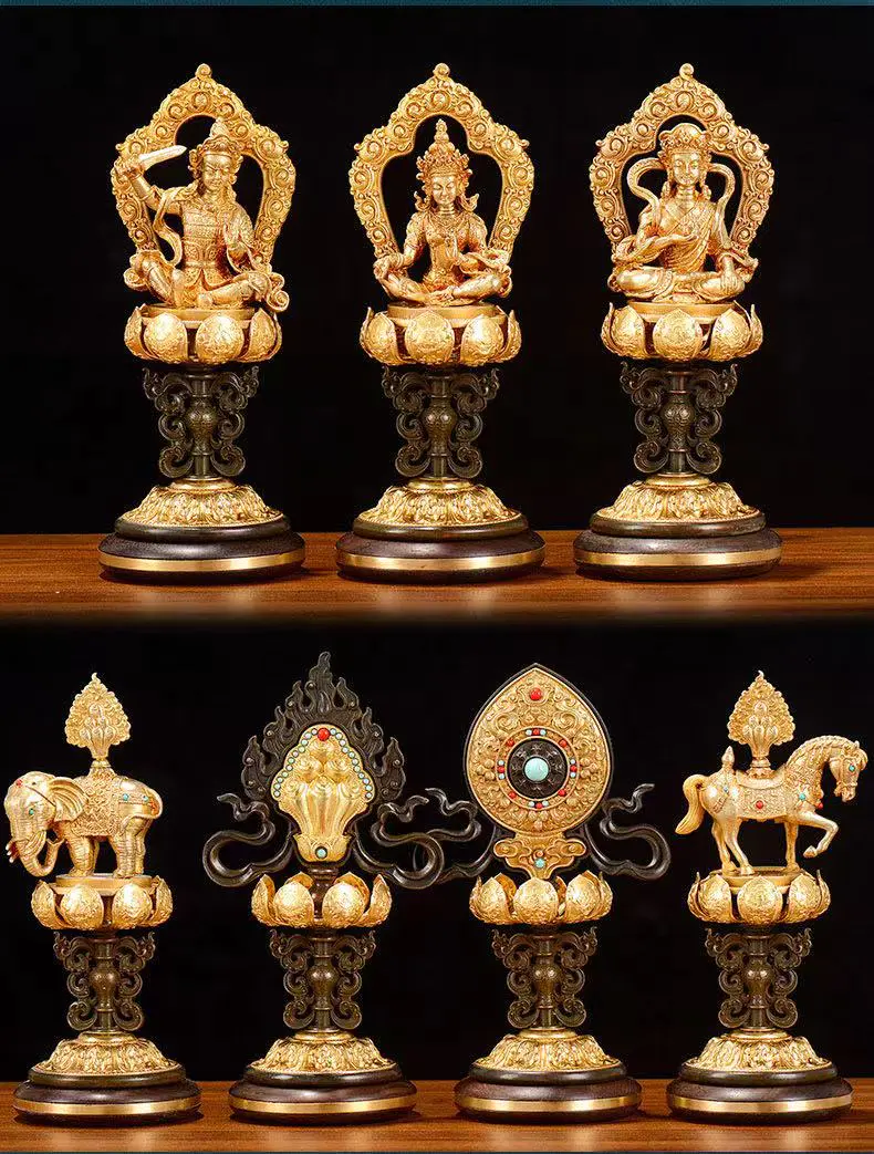 慧宝纯铜轮王七政宝加紫檀木底座七珍密宗吉祥摆件专利古典摆件