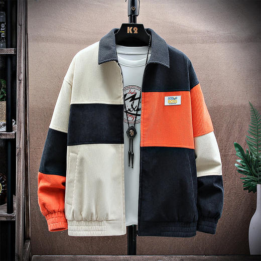 【服饰鞋包】秋季男装新款男港风拉链拼色方领上衣青少年学生灯芯绒工装夹克男 商品图0