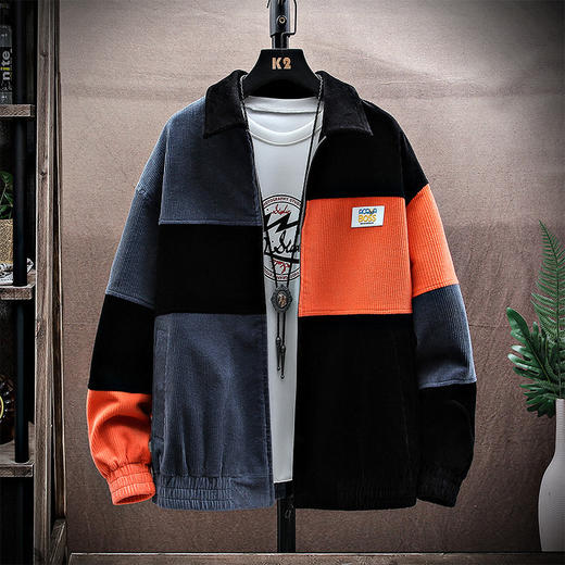 【服饰鞋包】秋季男装新款男港风拉链拼色方领上衣青少年学生灯芯绒工装夹克男 商品图2