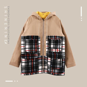 BH932472245拼接格纹帽衫中长款夹克