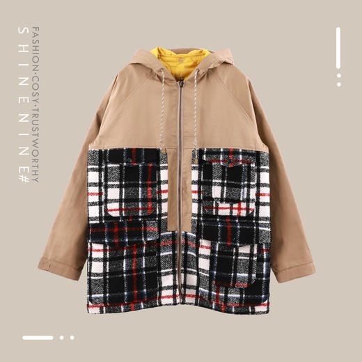 BH932472245拼接格纹帽衫中长款夹克 商品图0