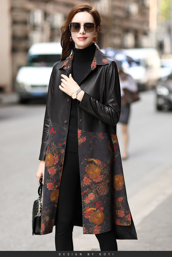 fs  8801时尚真皮绵羊皮拼真丝香云纱风衣外套