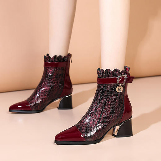 优雅个性，中跟踝靴尖头粗跟皮靴FLS-W163 商品图2