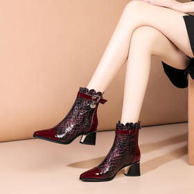 优雅个性，中跟踝靴尖头粗跟皮靴FLS-W163