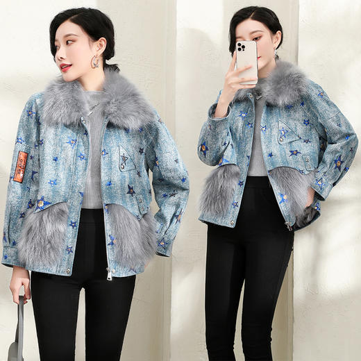 TC  93816貉子毛牛仔宽松五角星狐狸毛领派克服外套 商品图1