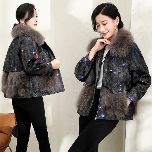 TC  93816貉子毛牛仔宽松五角星狐狸毛领派克服外套 商品图2