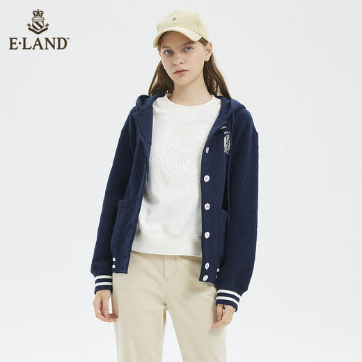 ELAND学院徽章菱纹抽绳纯色连帽卫衣开衫EEMTB4TC6M 商品图0