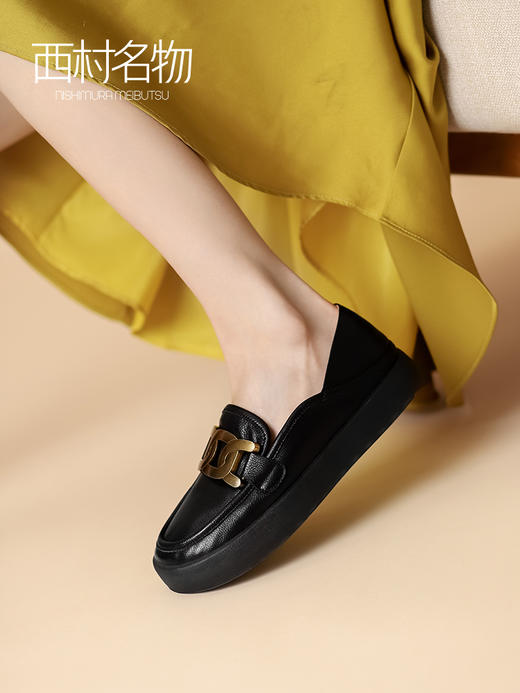 西村名物2021秋季新款真皮英伦风乐福鞋套脚平底软底单鞋女T21CM34071 商品图2