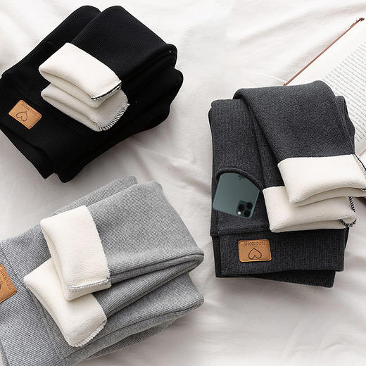 【秋冬打底裤】高腰加厚口袋皮标螺纹打底裤 加绒加厚保暖裤羊羔绒棉裤 商品图1