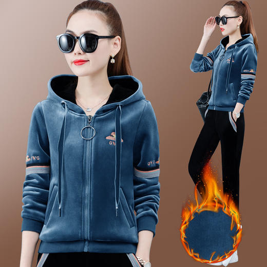 【套装女】时尚洋气减龄金丝绒运动套装女秋冬加绒加厚连帽卫衣休闲服