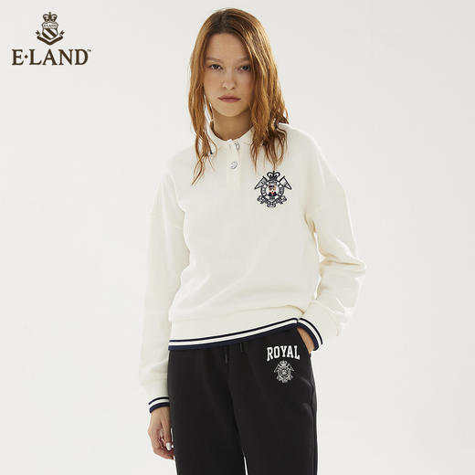 ELAND学院风POLO领徽章条纹针织毛衣上衣EEMTB4TQ3N 商品图0